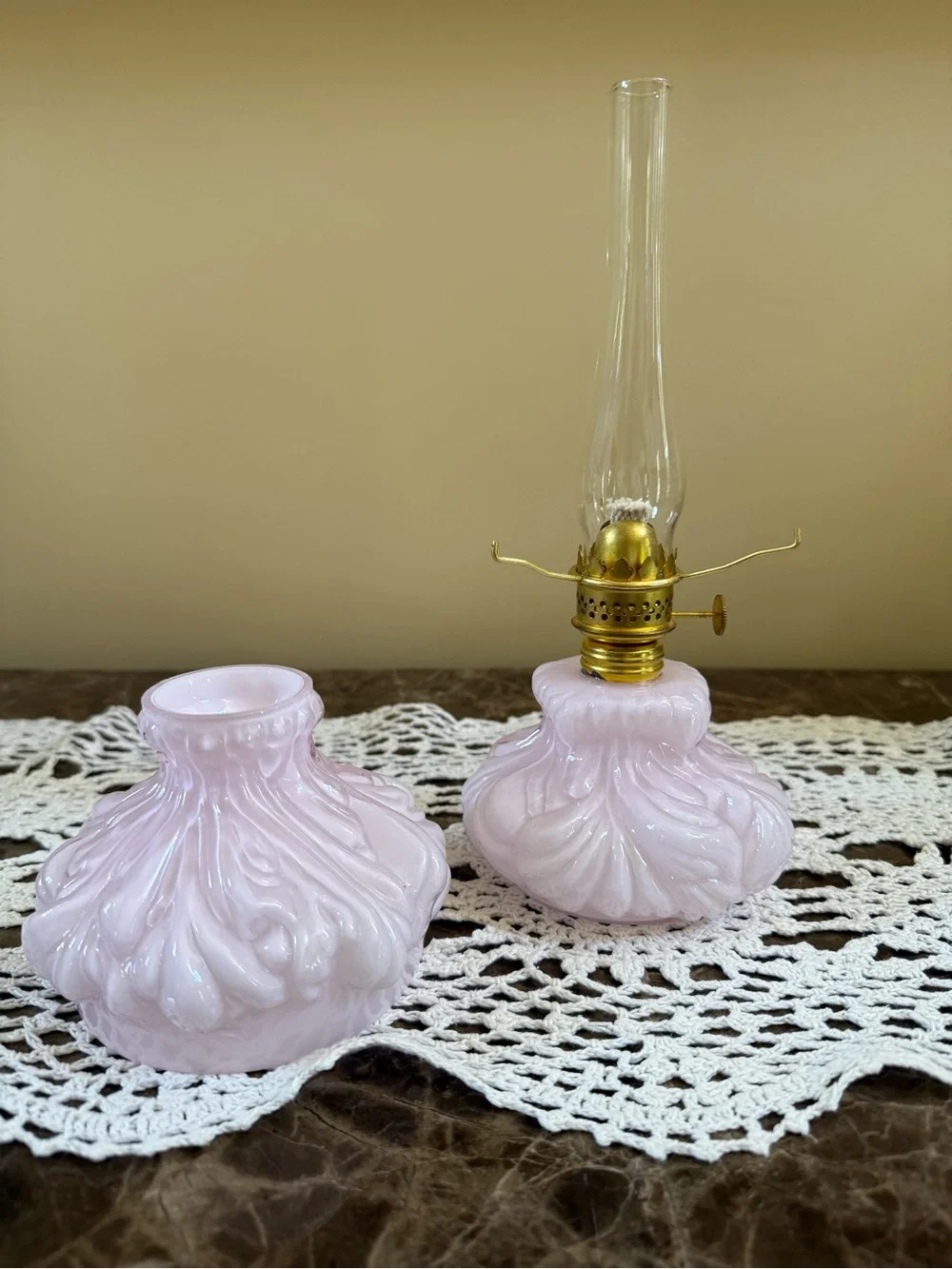 Fenton LG Wright Pink With Glass Overlay Plume Miniature Oil Lamp Pristine!!